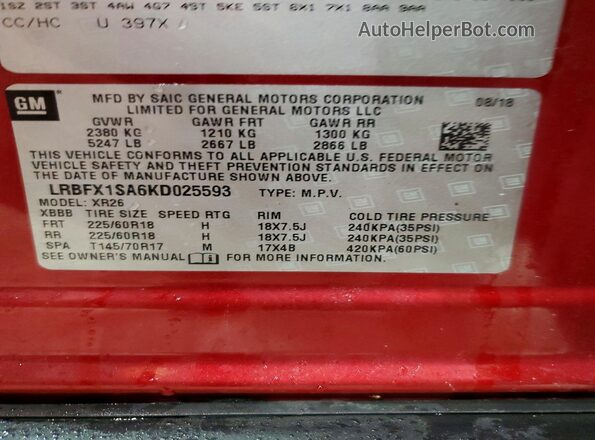 LRBFX1SA6KD025593 2019 BUICK ENVISION Burgundy Vista de la etiqueta del VIN