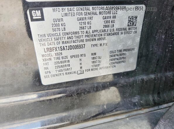 LRBFX1SA7JD006937 2018 BUICK ENVISION Black Widok naklejki z numerem VIN