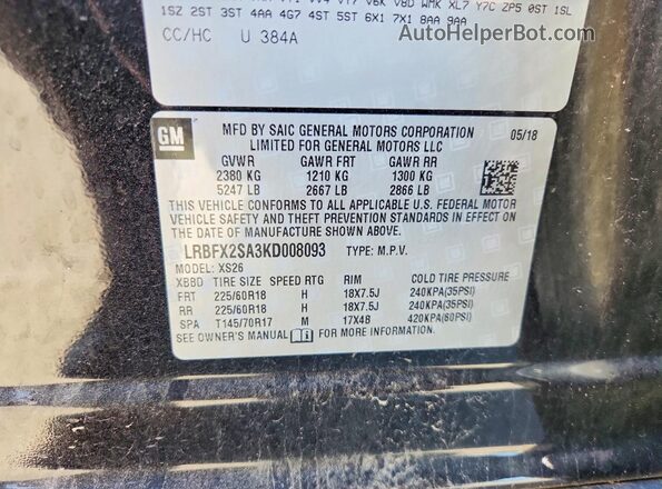 LRBFX2SA3KD008093 2019 BUICK ENVISION Black VIN sticker view