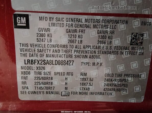 LRBFX2SA8LD088427 2020 BUICK ENVISION Red Вид підкапотного простору