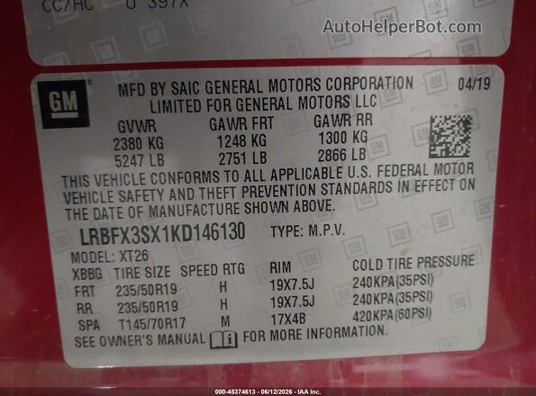 LRBFX3SX1KD146130 2019 BUICK ENVISION Red Vista del compartimento del motor