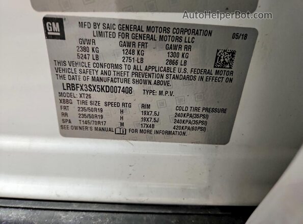 LRBFX3SX5KD007408 2019 BUICK ENVISION White Вид наклейки з VIN-кодом