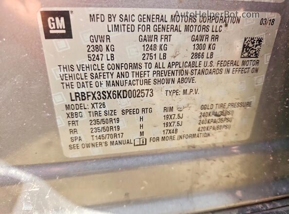 LRBFX3SX6KD002573 2019 BUICK ENVISION Серебряный Вид наклейки с VIN-кодом