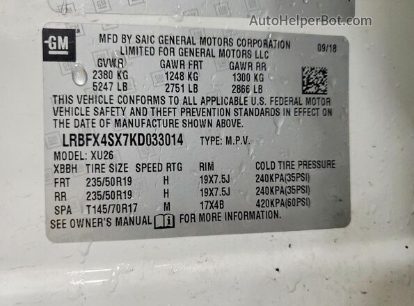 LRBFX4SX7KD033014 2019 BUICK ENVISION White Widok naklejki z numerem VIN