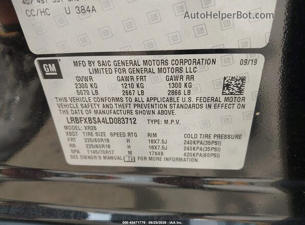 LRBFXBSA4LD083712 2020 BUICK ENVISION Black ძრავის განყოფილების ხედი