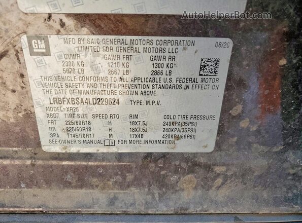 LRBFXBSA4LD229624 2020 BUICK ENVISION Brown VIN sticker view