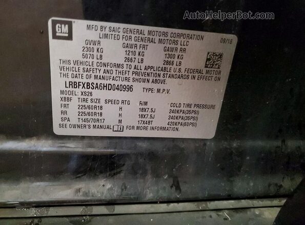 LRBFXBSA6HD040996 2017 BUICK ENVISION Black VIN კოდის სტიკერის ხედი