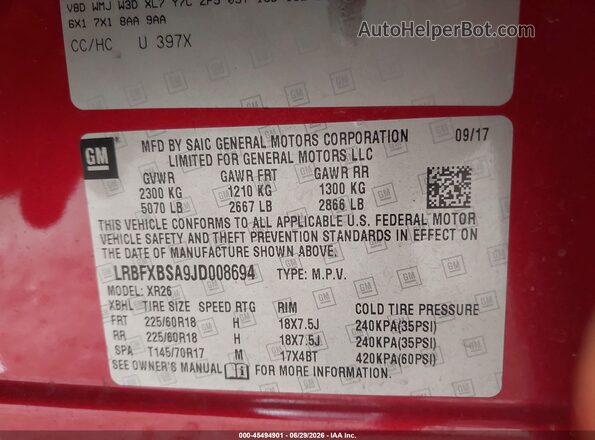 LRBFXBSA9JD008694 2018 BUICK ENVISION Red Engine compartment view