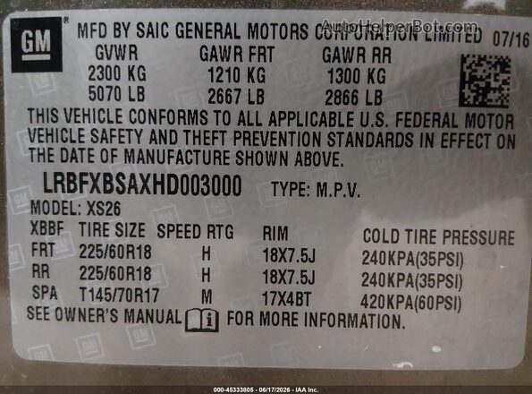 LRBFXBSAXHD003000 2017 BUICK ENVISION Brown Engine compartment view