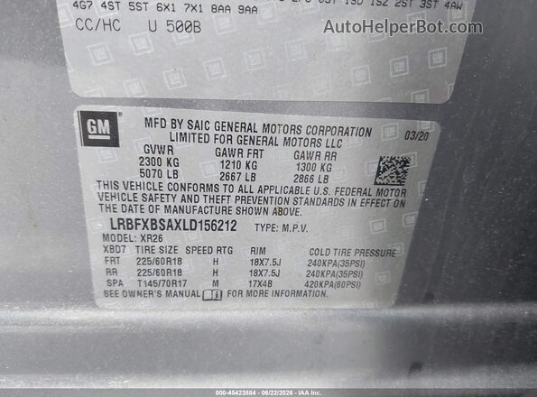 LRBFXBSAXLD156212 2020 BUICK ENVISION Gray Вид підкапотного простору