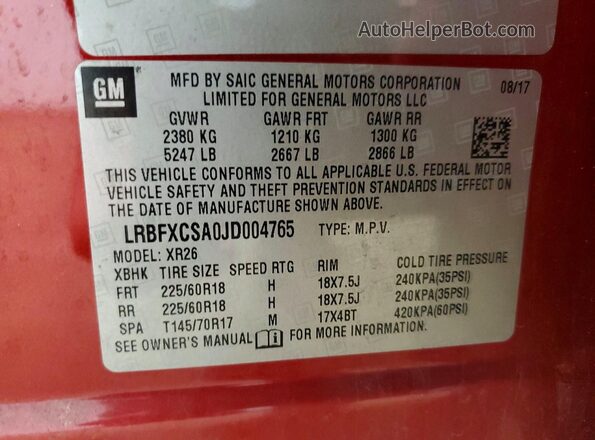 LRBFXCSA0JD004765 2018 BUICK ENVISION Maroon Вид наклейки з VIN-кодом