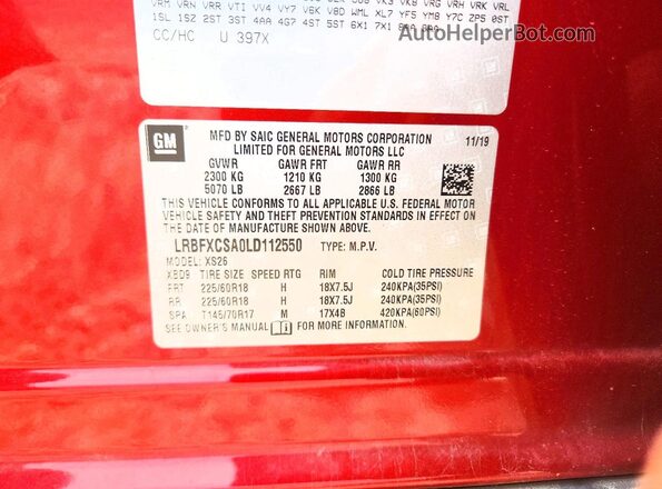LRBFXCSA0LD112550 2020 BUICK ENVISION Red Вид підкапотного простору