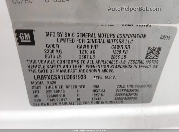 LRBFXCSA1LD061933 2020 BUICK ENVISION White Vista del compartimento del motor