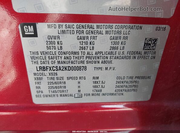 LRBFXCSA2KD000878 2019 BUICK ENVISION Burgundy Engine compartment view