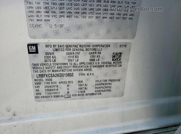 LRBFXCSA2KD019852 2019 BUICK ENVISION Silver Vista de la etiqueta del VIN