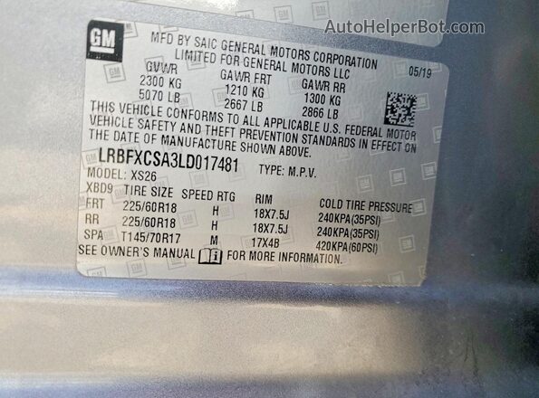 LRBFXCSA3LD017481 2020 BUICK ENVISION Silver VIN sticker view