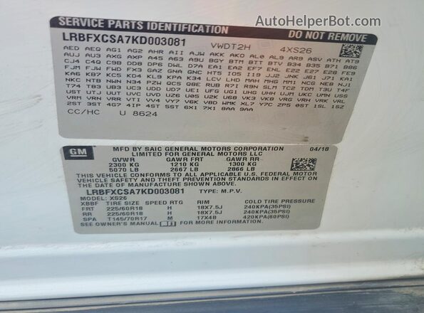 LRBFXCSA7KD003081 2019 BUICK ENVISION White VIN sticker view