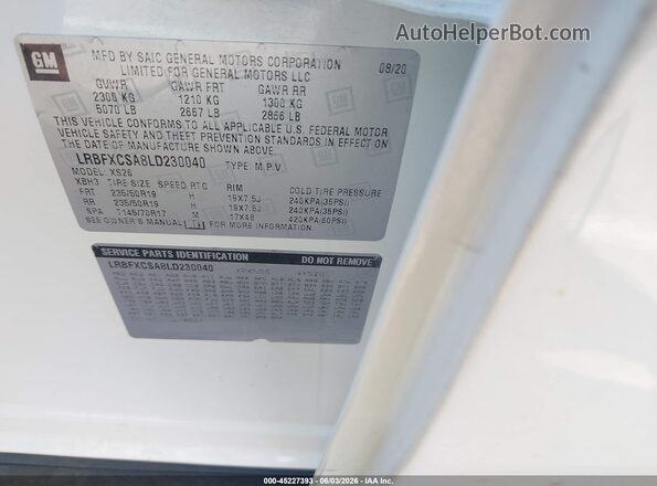 LRBFXCSA8LD230040 2020 BUICK ENVISION White Vista del compartimento del motor