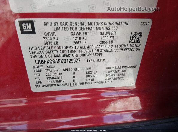 LRBFXCSA9KD129927 2019 BUICK ENVISION Red Շարժիչի բաժամունքի տեսք