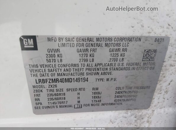 LRBFZMR40MD149194 2021 BUICK ENVISION White Engine compartment view