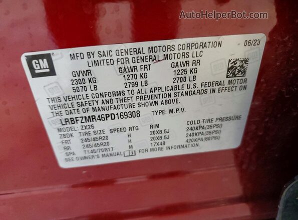 LRBFZMR46PD169308 2023 BUICK ENVISION Burgundy VIN კოდის სტიკერის ხედი
