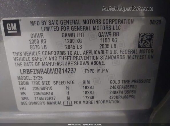 LRBFZNR40MD014237 2021 BUICK ENVISION Gray Widok komory silnika