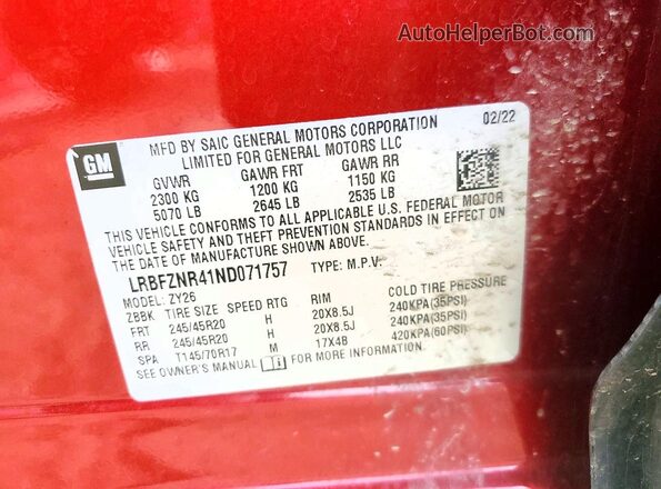LRBFZNR41ND071757 2022 BUICK ENVISION Red VIN կոդի պիտակի տեսք