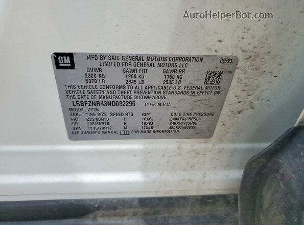 LRBFZNR43ND032295 2022 BUICK ENVISION Белый Вид наклейки с VIN-кодом
