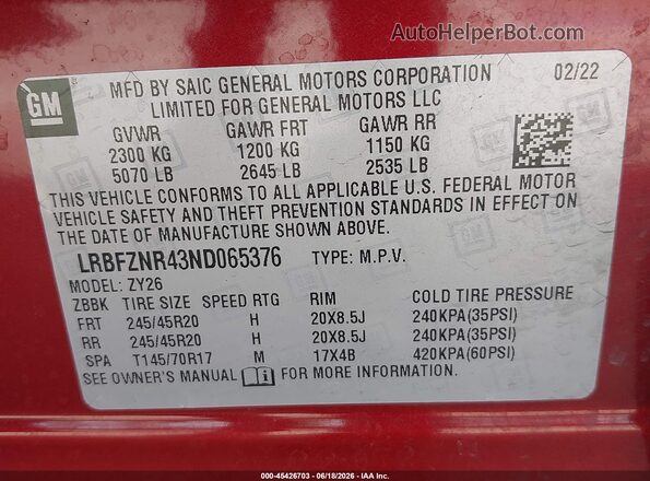 LRBFZNR43ND065376 2022 BUICK ENVISION Burgundy Engine compartment view