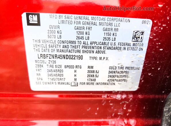 LRBFZNR45ND022190 2022 BUICK ENVISION Red Engine compartment view
