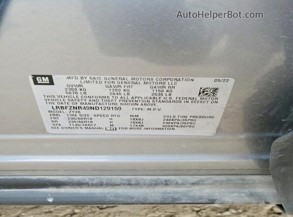 LRBFZNR49ND129159 2022 BUICK ENVISION Gray Vista de la etiqueta del VIN