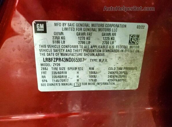 LRBFZPR43ND065907 2022 BUICK ENVISION Maroon VIN კოდის სტიკერის ხედი