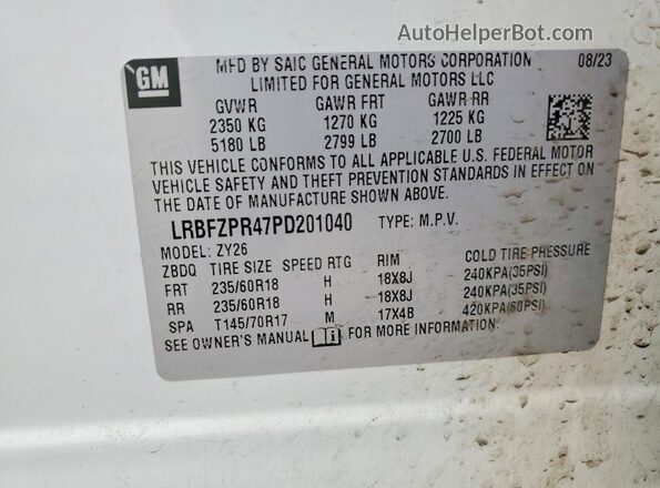 LRBFZPR47PD201040 2023 BUICK ENVISION White Вид наклейки з VIN-кодом