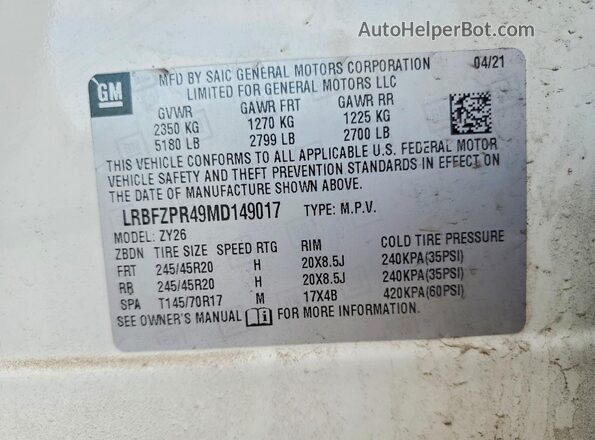 LRBFZPR49MD149017 2021 BUICK ENVISION White VIN կոդի պիտակի տեսք