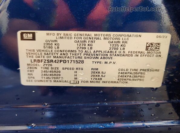 LRBFZSR42PD171528 2023 BUICK ENVISION Blue VIN կոդի պիտակի տեսք