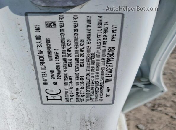 LRW3E1FA7PC843168 2023 TESLA MODEL White Vista de la etiqueta del VIN
