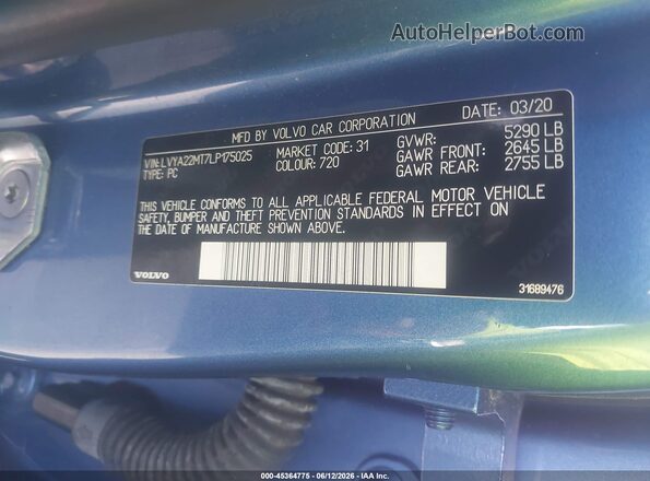 LVYA22MT7LP175025 2020 VOLVO S90 Синий Вид подкапотного пространства