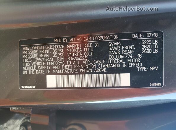 LYV102DL6KB219376 2019 VOLVO XC60 Charcoal 