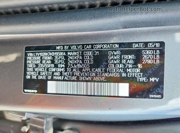 LYV102RK7KB195864 2019 VOLVO XC60 Gray Widok naklejki z numerem VIN