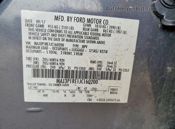 MAJ3P1RE1JC160200 2018 FORD ECOSPORT Gray Vista de la etiqueta del VIN
