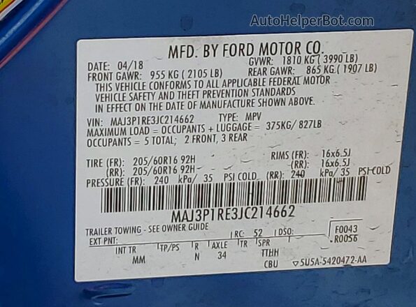 MAJ3P1RE3JC214662 2018 FORD ECOSPORT Blue Vista de la etiqueta del VIN