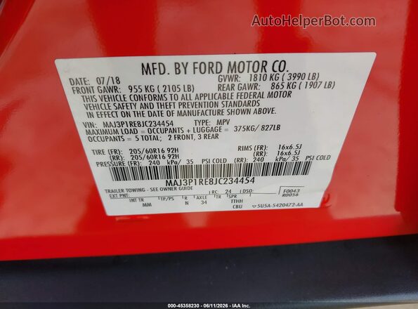 MAJ3P1RE8JC234454 2018 FORD ECOSPORT Red 