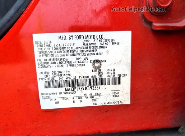 MAJ3P1RE9JC193557 2018 FORD ECOSPORT Red VIN sticker view