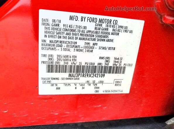 MAJ3P1RE9JC242109 2018 FORD ECOSPORT Red Widok komory silnika