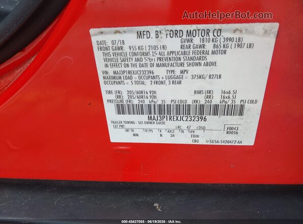 MAJ3P1REXJC232396 2018 FORD ECOSPORT Red Engine compartment view