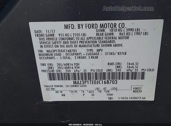 MAJ3P1TE0JC168703 2018 FORD ECOSPORT Gray Շարժիչի բաժամունքի տեսք