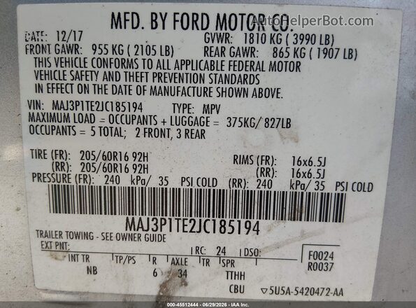 MAJ3P1TE2JC185194 2018 FORD ECOSPORT Серебряный Вид подкапотного пространства