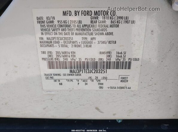 MAJ3P1TE3JC203251 2018 FORD ECOSPORT White Widok komory silnika