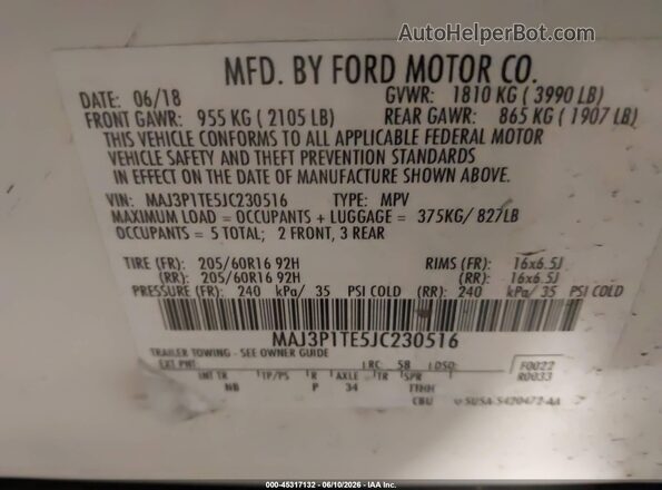 MAJ3P1TE5JC230516 2018 FORD ECOSPORT White ძრავის განყოფილების ხედი