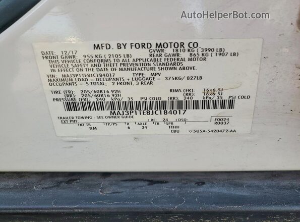 MAJ3P1TE8JC184017 2018 FORD ECOSPORT White 